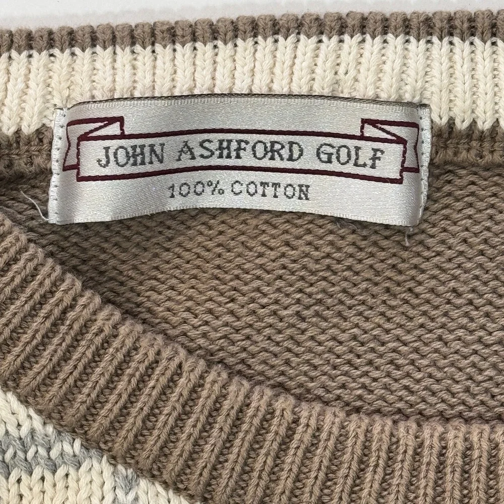 JOHN ASHFORD GOLF Men's Crew Neck Sweater Medium‎ Plaid Tan Preppy Golfer